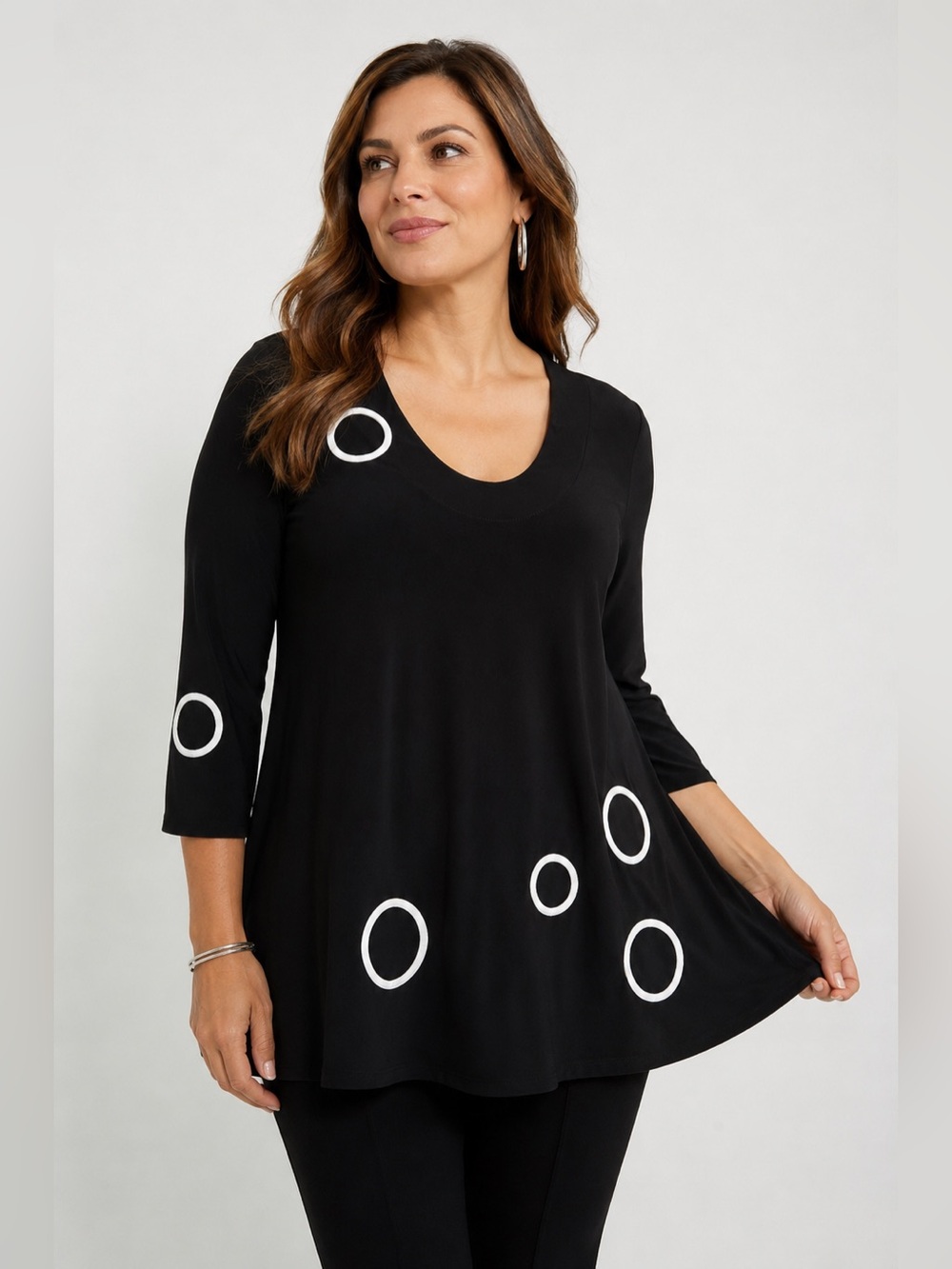 Joseph Ribkoff Black A-Line Tunic Top White Circle Appliqué 3/4 Sleeve Size 14